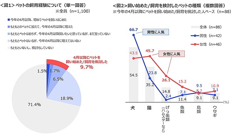 図1　ペットの飼育経験について、図2　飼い始めた/飼育を検討したペットの種類