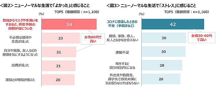 図2　ニューノーマルな生活で「よかった」と感じること、図3　ニューノーマルな生活で「ストレス」に感じること