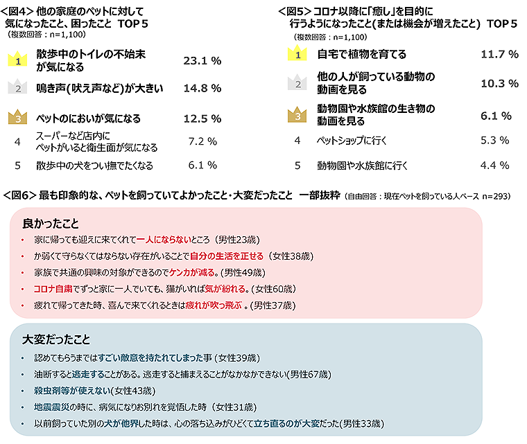 図4　他の家庭のペットに対して気になったこと・困ったこと、図5　コロナ以降に「癒し」を目的に行うようになったこと（または機会が増えたこと）、図6　最も印象的な、ペットを飼っていてよかったこと・大変だったこと