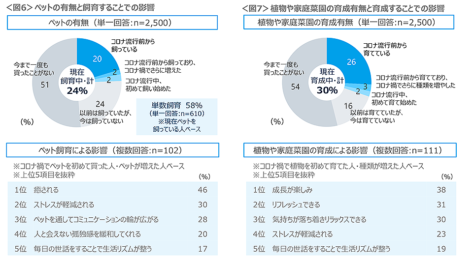 図6　ペットの有無と飼育することでの影響、図7　植物や家庭菜園の育成有無と育成することでの影響