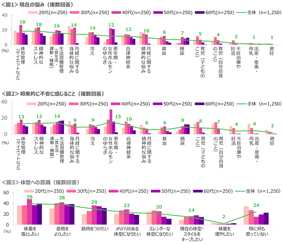 図1　現在の悩み、図2　将来的に不安に感じること、図3　体型への意識