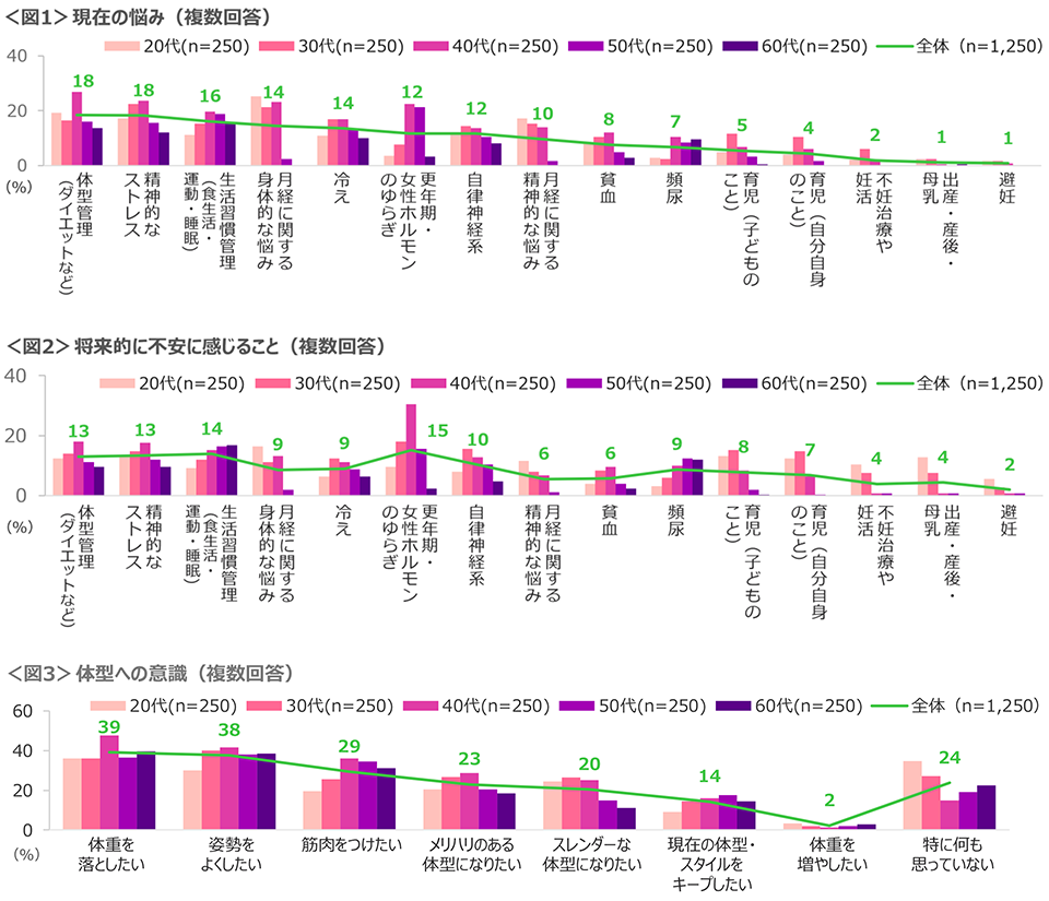 図1　現在の悩み、図2　将来的に不安に感じること、図3　体型への意識