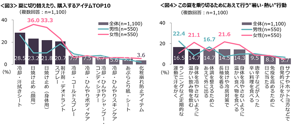 図3　夏に切り替えたり購入するアイテムTOP10、図4　この夏を乗り切るためにあえて行う“暑い・熱い”行動