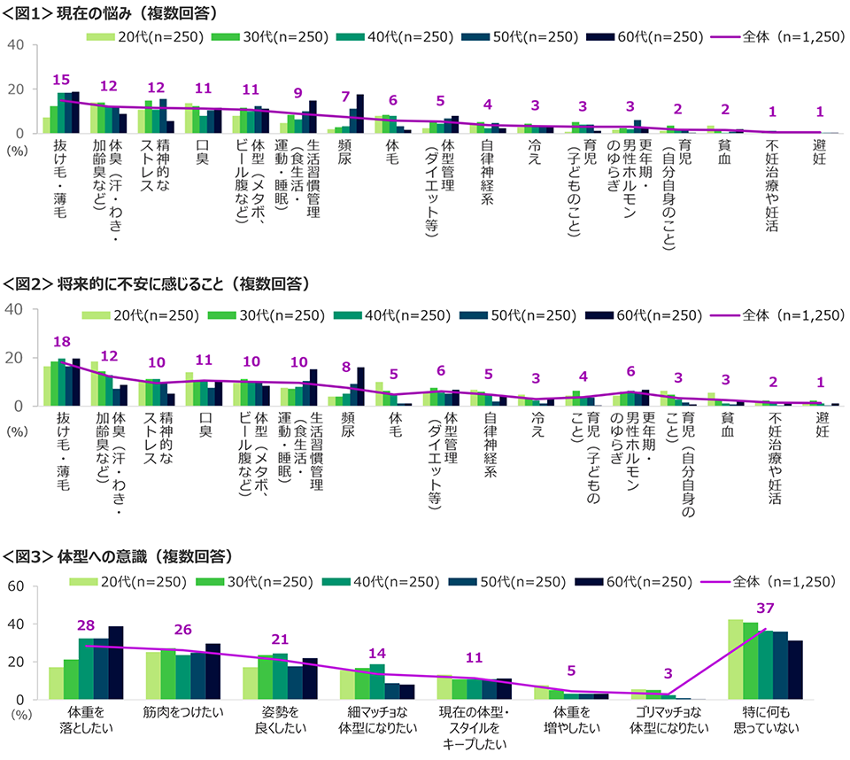図1　現在の悩み、図2　将来的に不安に感じること、図3　体型への意識