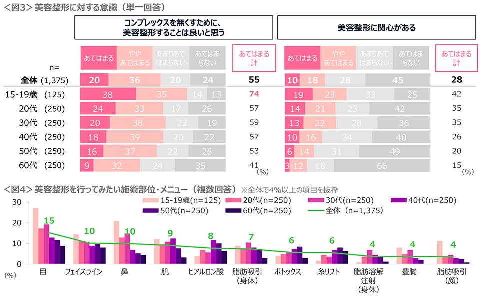 図3　美容整形に対する意識、図4　美容整形を行ってみたい施術部位・メニュー