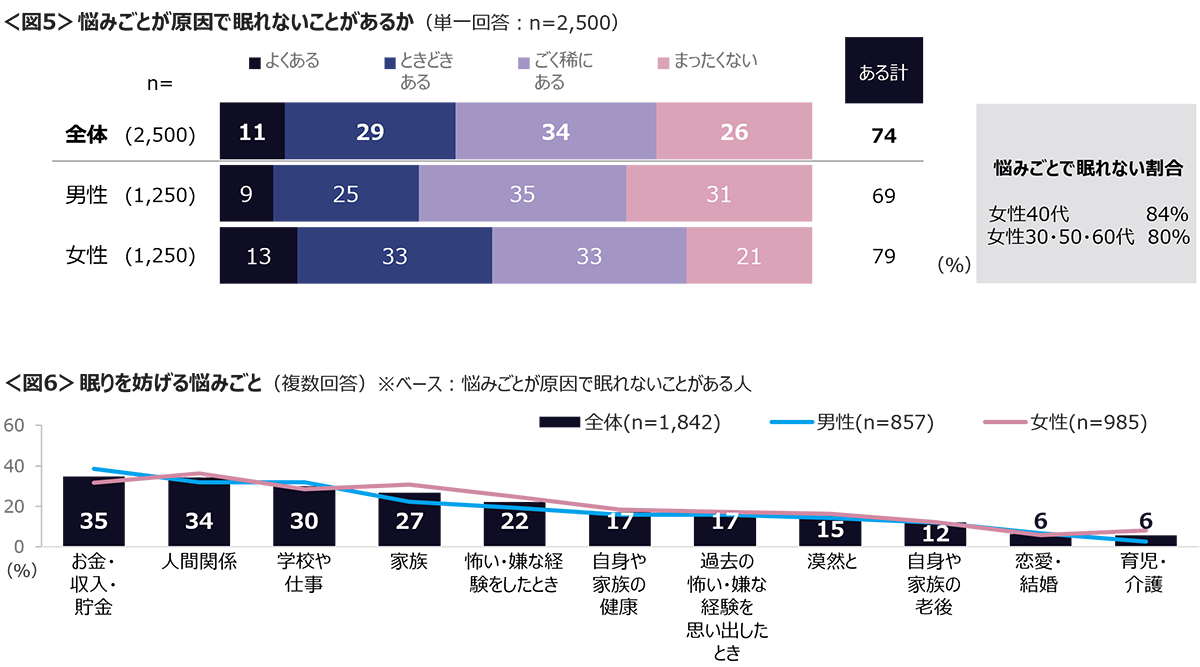 図5　悩みごとが原因で眠れないことがあるか、図6　眠りを妨げる悩みごと