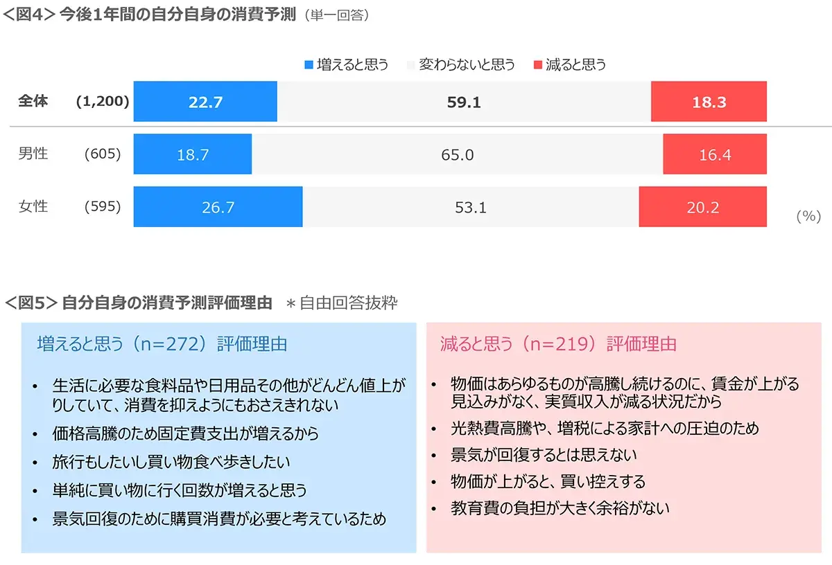 図4　今後1年間の自分自身の消費予測、図5　自分自身の消費予測評価理由