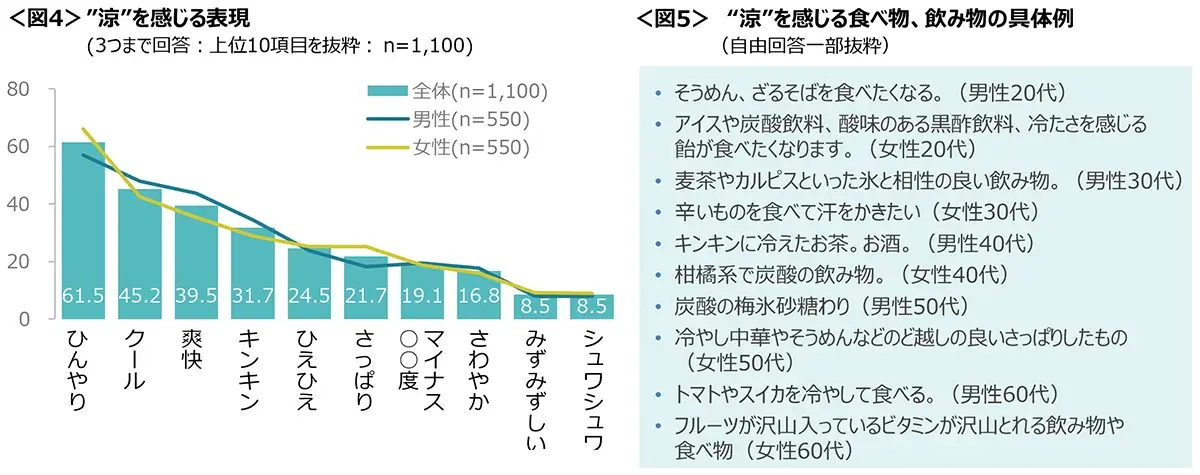 図4　“涼”を感じる表現、図5　“涼”を感じる食べ物、飲み物の具体例