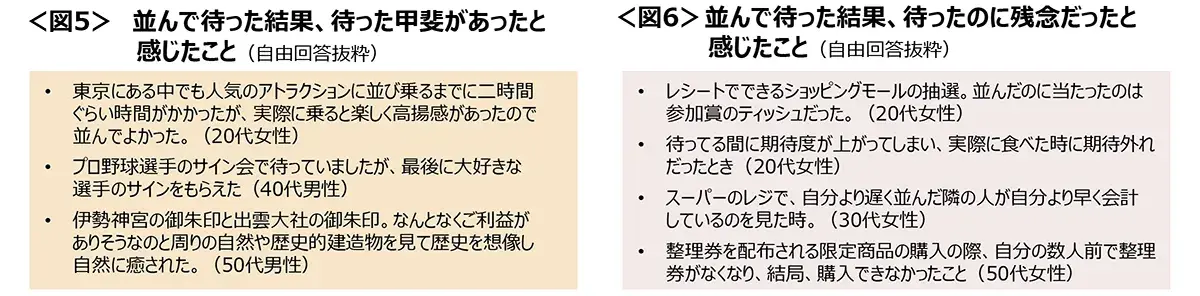 図5　並んで待った結果、待った甲斐があったと感じたこと、図6　並んで待った結果、待ったのに残念だったと感じたこと