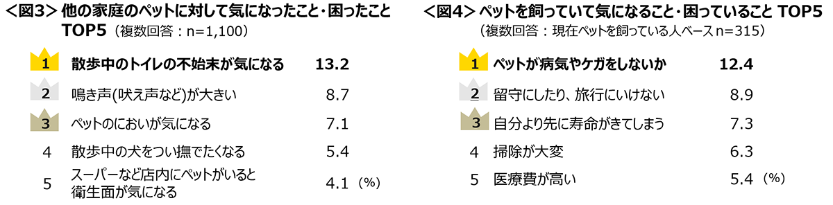 図3　他の家庭のペットに対して気になったこと・困ったことTOP5、図4　ペットを飼っていて気になること・困っていることTOP5