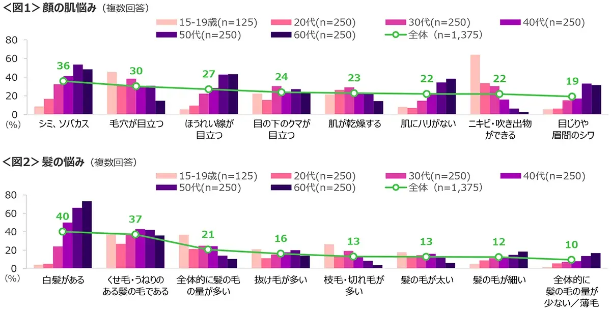 図1　顔の肌悩み、図2　髪の悩み