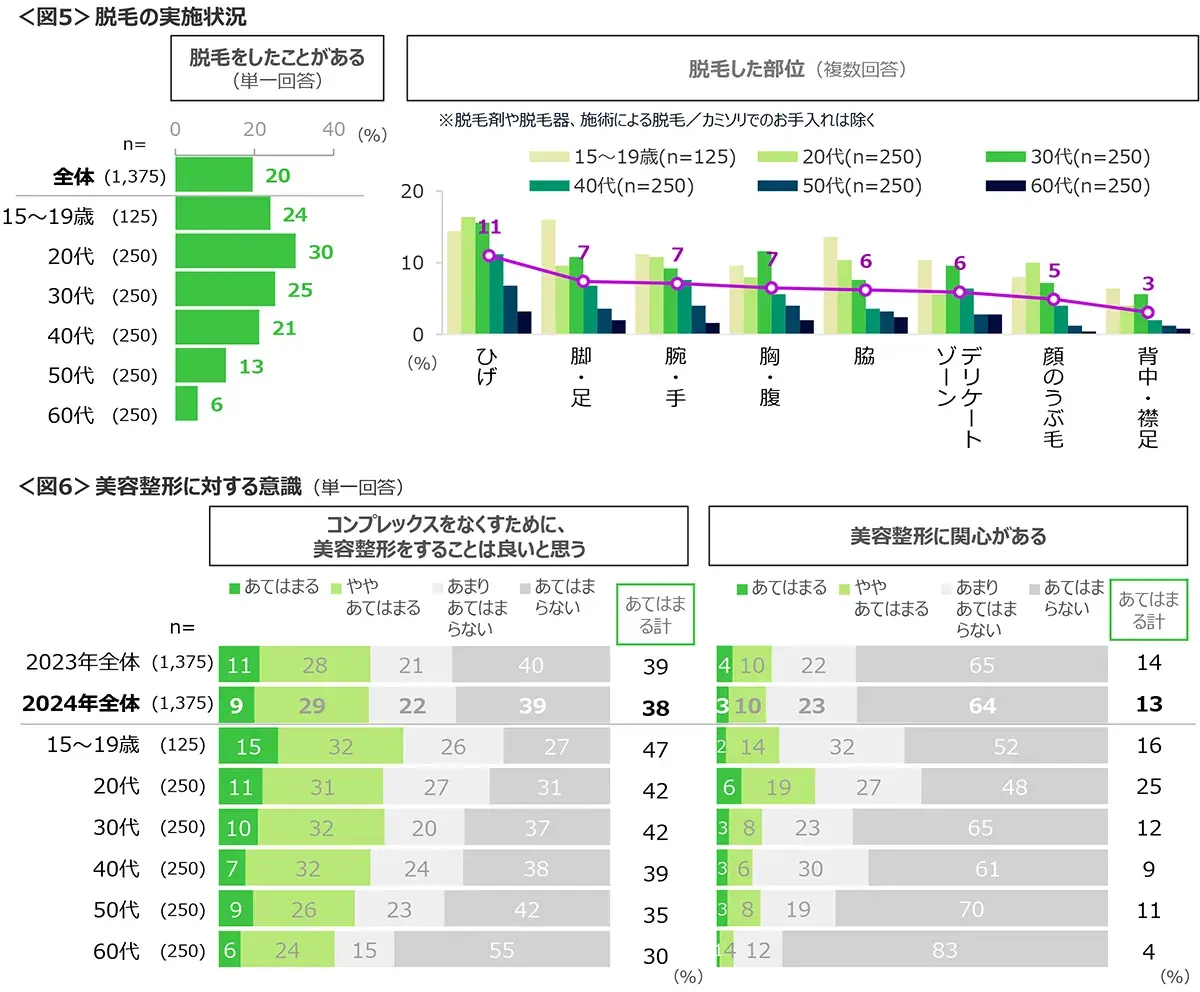 図5　脱毛の実施状況、図6　美容整形に対する意識